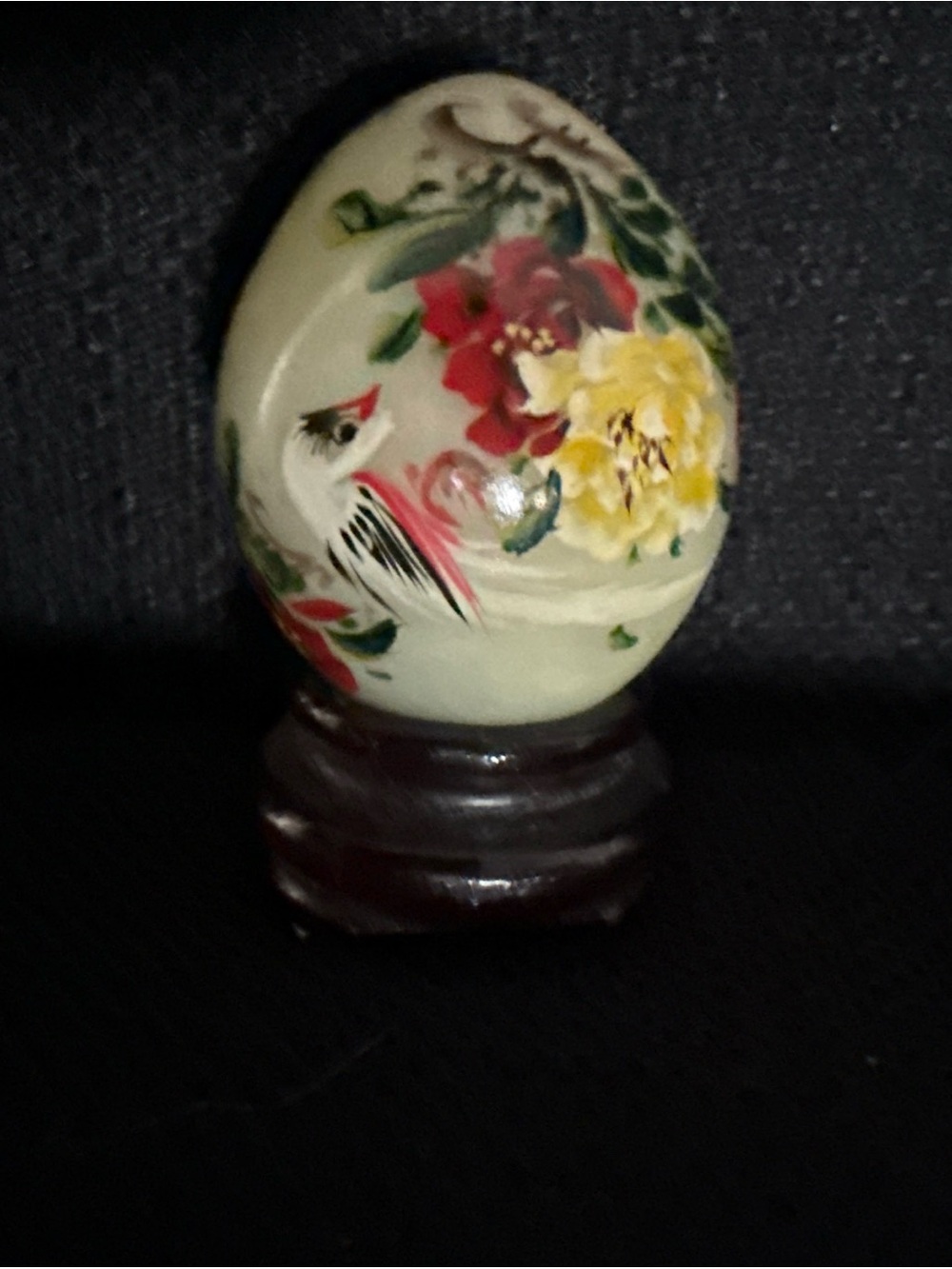 Hand-Painted Decorative Jade Stone Egg with Lacquered Wooden Base
